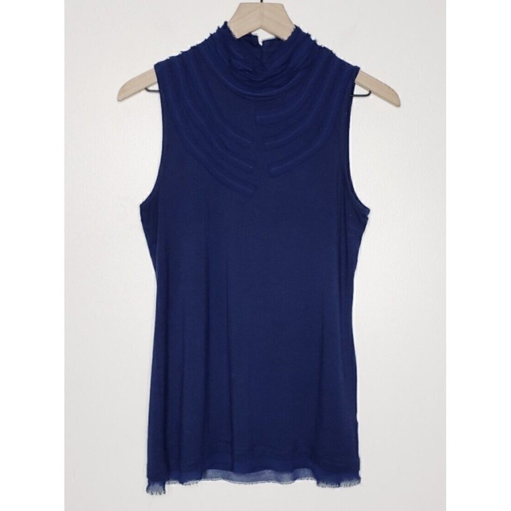 Saks Fifth Avenue Sz M Blue Jersey Knit Appliqué Mock Neck Tank Top Blouse